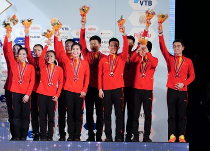 第34届世界蹦床锦标赛大团体决赛  中国队名列第三