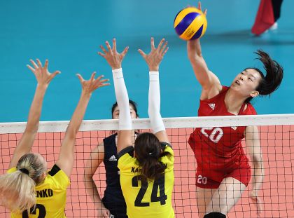 雅加达亚运会女排小组赛  中国队3比0战胜哈萨克斯坦队